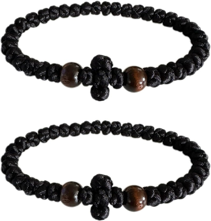 Bovemee Orthodox Prayer Rope Bracelet, 2-Pack Black Chotki Komboskini, Christian Prayer Beads with Cross - Image 1